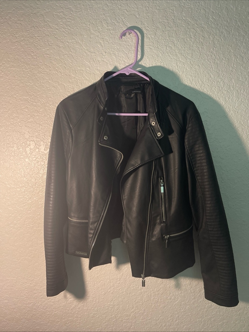 Harve Benard Black Faux Leather Moto Jacket with Quilted Sleeves